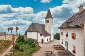 Heilig Kreuz Hospiz refuge and pilgrimage church at the foot of the Heiligkreuzkofel, Hochabtei / Alta Badia, Bolzano province, South Tyrol, Italy, Europe Heilig Kreuz Hospiz refuge and pilgrimage church at the foot of the Heiligkreuzkofel, Hochabtei / Alta Badia, Bolzano province, South Tyrol, Italy, Europe